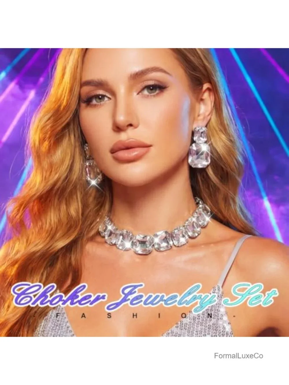 Rhinestone Choker Necklace and Earrings Set Silver Bling Crystal Statement Prom
